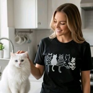 Black and White cats on women's cotton rich 2XL Cat Lover Graphic Tee, 5 cats